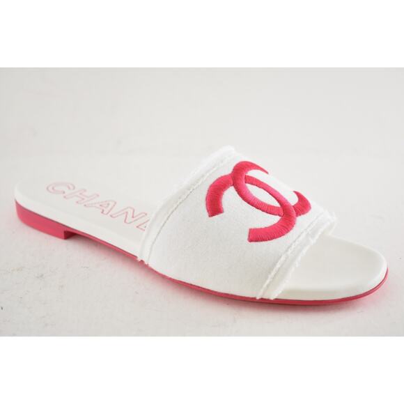 Chanel 24C White Fuchsia Pink CC Logo Fabric Knit Mule Slide Slip On Sandal 38 - Picture 4 of 15